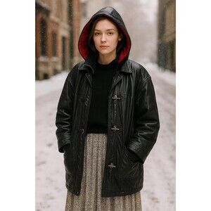 J. Elkins by Alamo Uomo Leather Duffle Coat Hooded Black Leather Parka VTG M